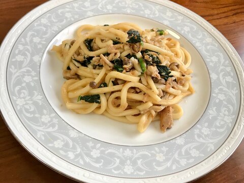 しめじとツナとほうれん草の和風焼うどん